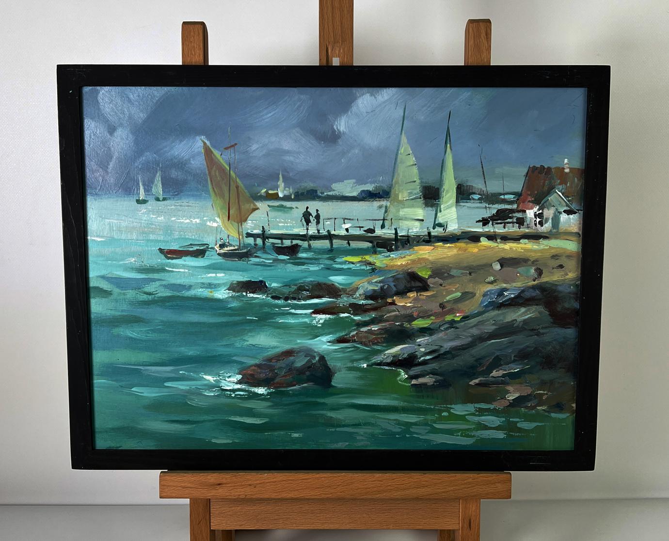 Framed oil painting Sea boats at the pier by Yuriy Suprunchuk
