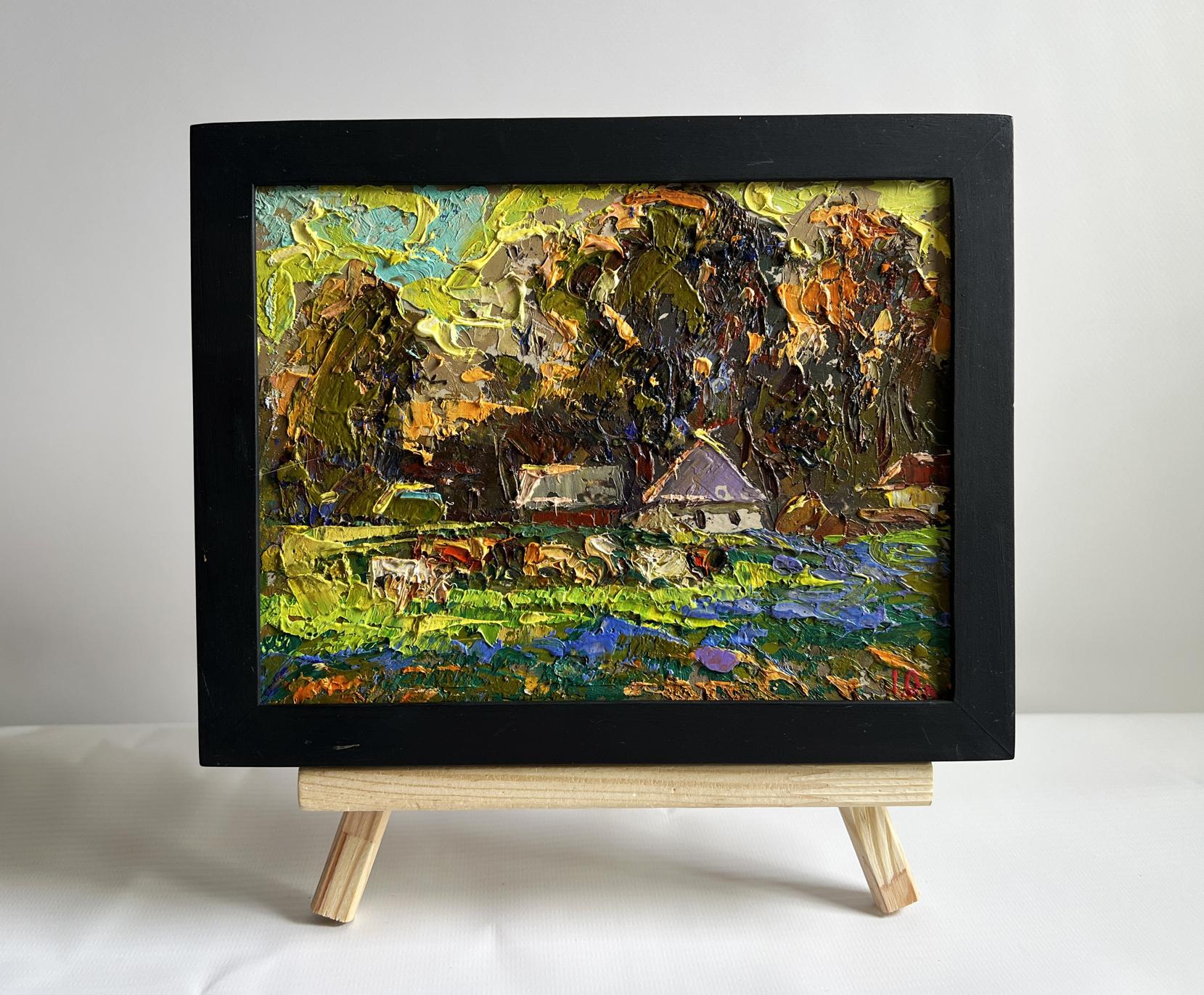 Oil painting Along the green field by Oleksiy Ivanyuk in black frame