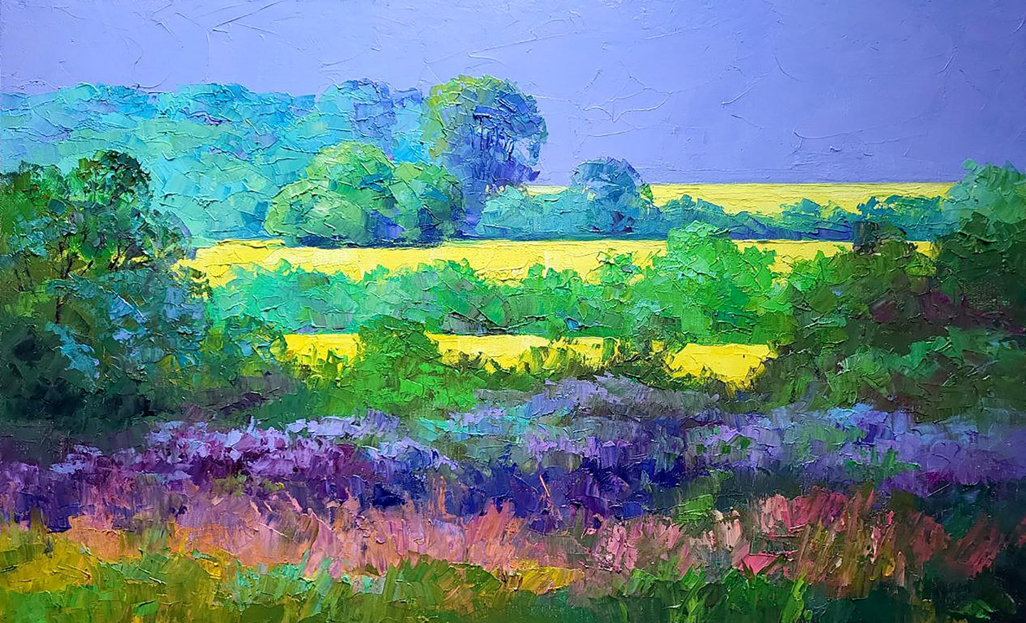 Vibrant impressionist oil painting of rapeseed fields by Boris Serdyuk