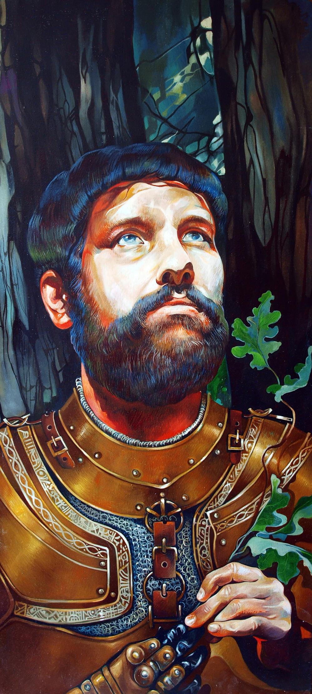 Oil painting Bhima Konsta G. Amelinn: bearded man in ornate golden armor holding green leaf