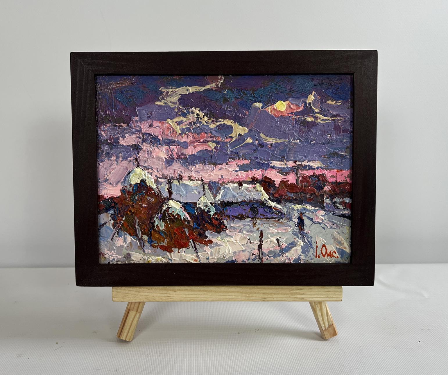 Framed Oil painting Pink winter evening by Oksana Ivanyuk snowy village dusk
