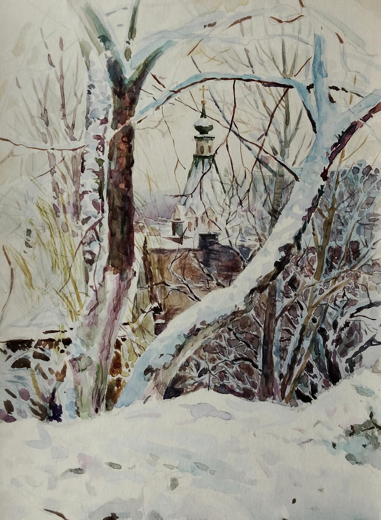 Watercolor painting of snow-covered winter church by Vitaly Duhnevich
