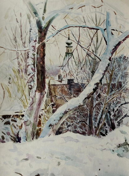 Watercolor painting of snow-covered winter church by Vitaly Duhnevich