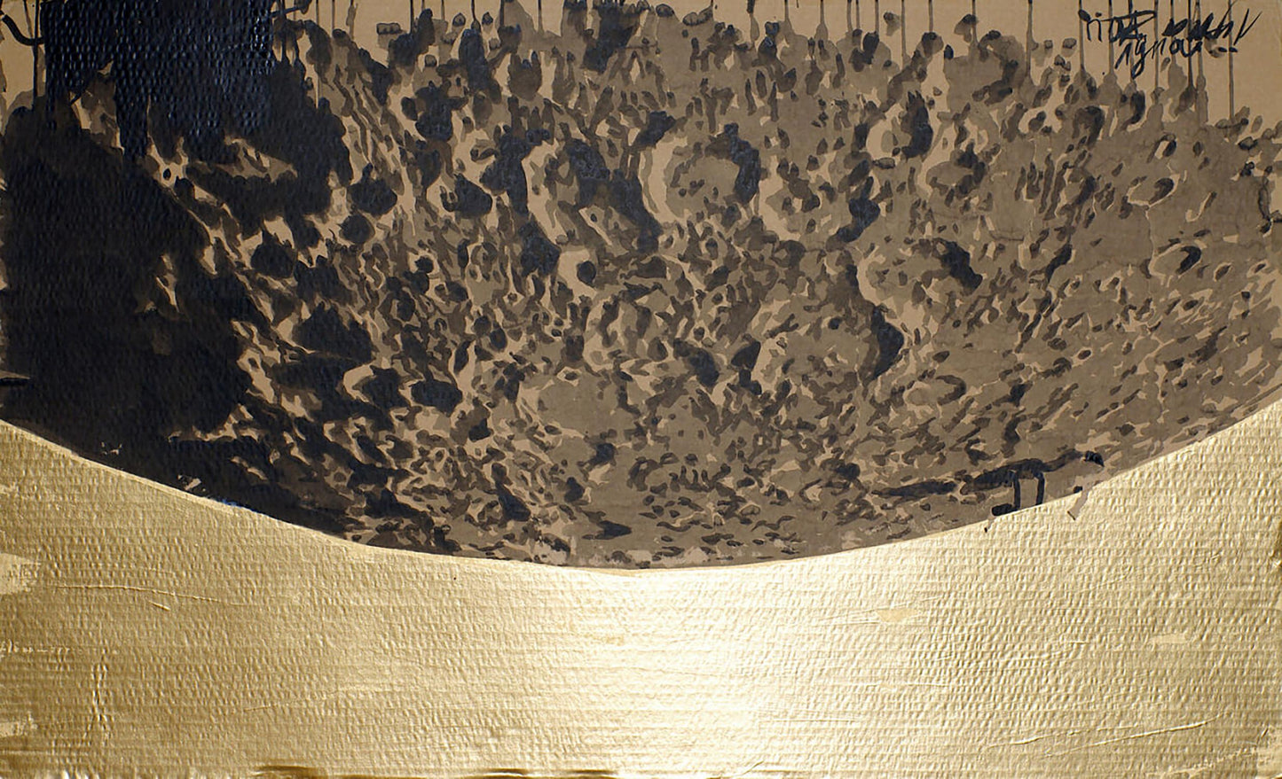 Abstract Under the Moon acrylic painting by Dima Filatov, earthy tones over gold