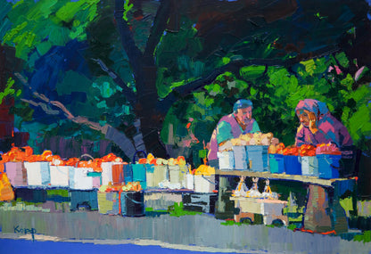 Oil painting of vibrant green trees framing Natalia Korf-Ivaniuks roadside market stall