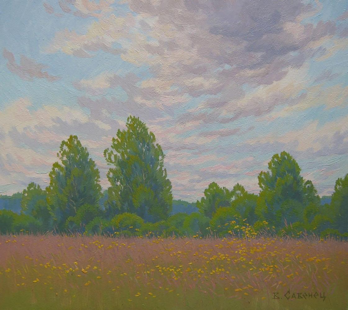 Serene oil painting of yellow wildflowers by Valery Savenets