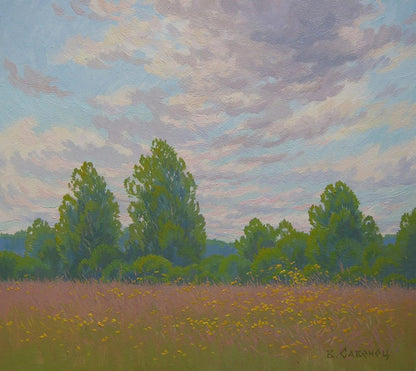 Serene oil painting of yellow wildflowers by Valery Savenets