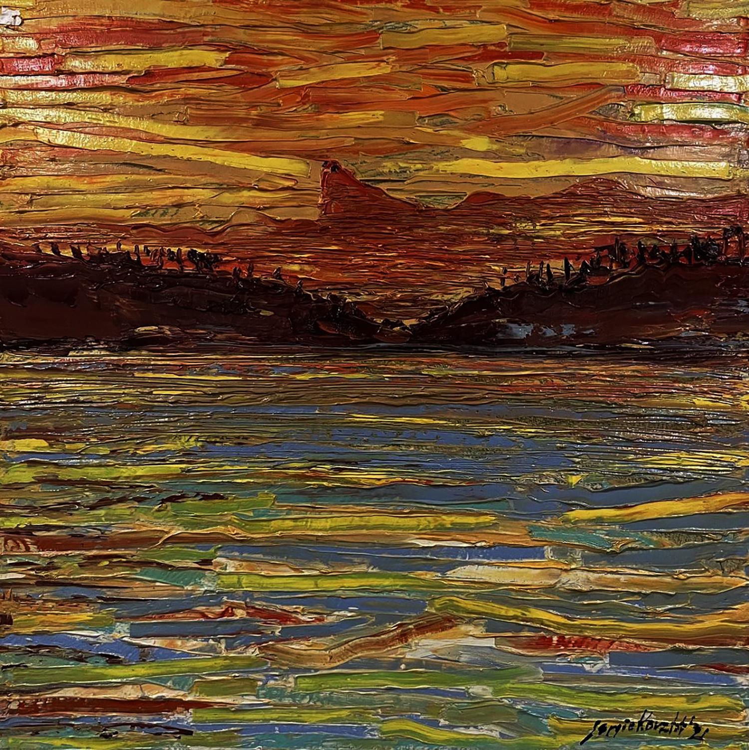 Vibrant oil painting The Glow by Serhiy Kovalev: sunset over water