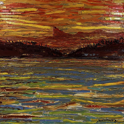 Vibrant oil painting The Glow by Serhiy Kovalev: sunset over water
