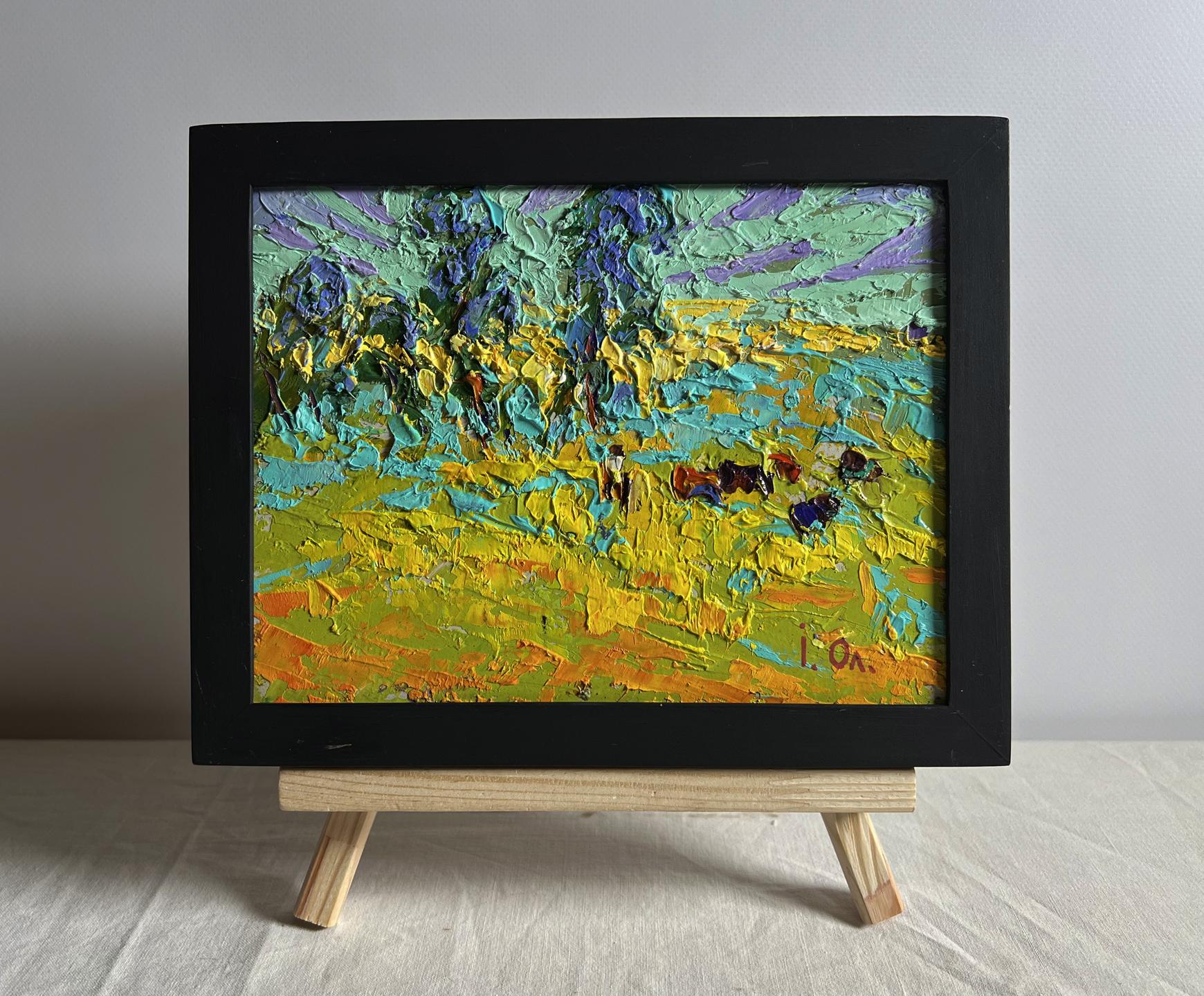 Oil painting In the spring meadows by Oleksiy Ivanyuk in black frame