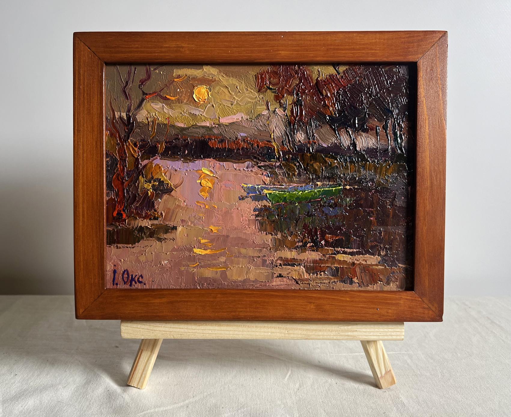 Oil painting Monthly Reflection by Oksana Ivanyuk: serene lakeside scene