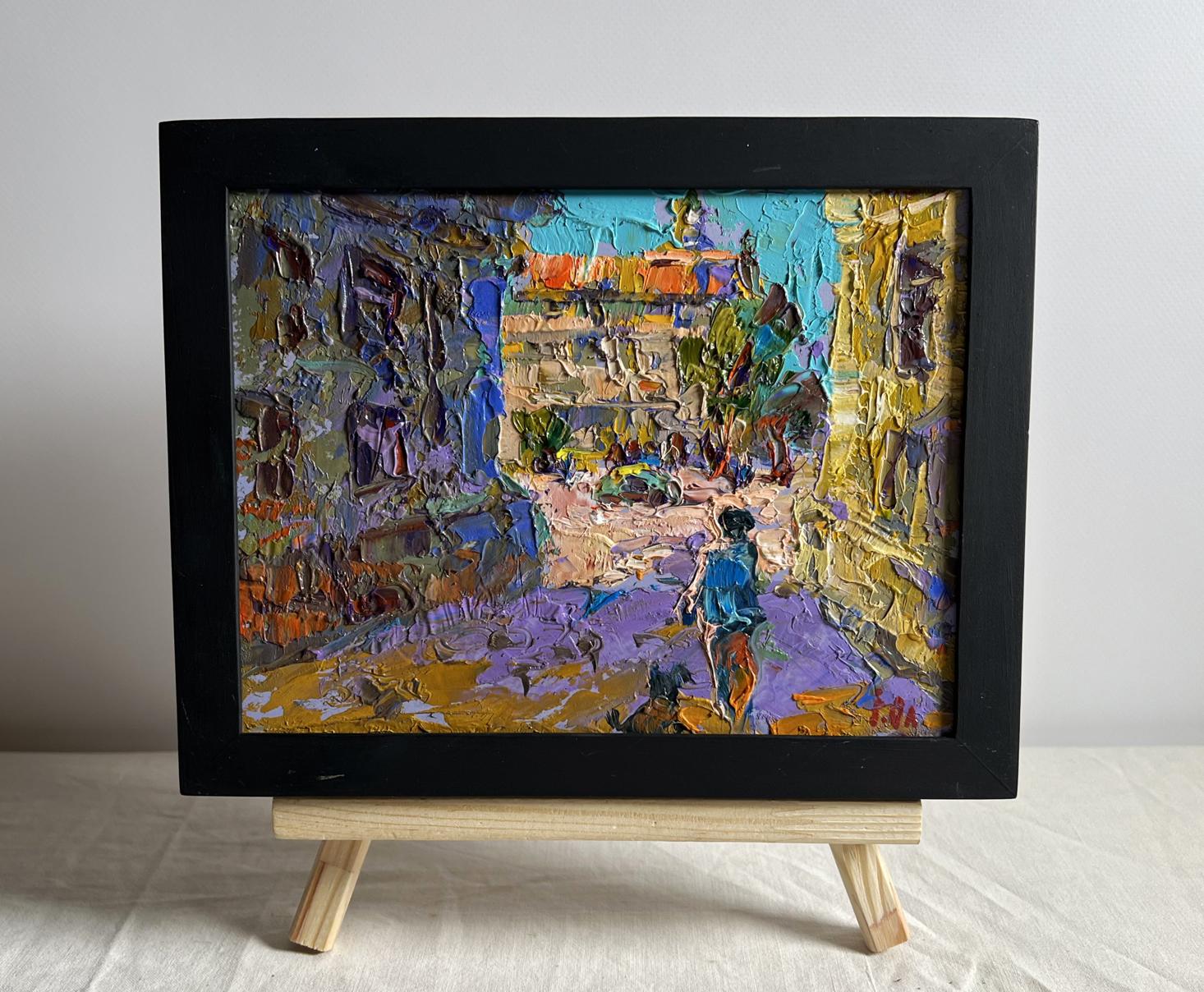 Oil painting Quiet city street by Oleksiy Ivanyuk in black frame
