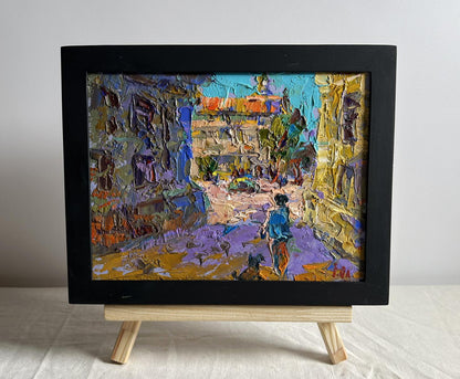 Oil painting Quiet city street by Oleksiy Ivanyuk in black frame