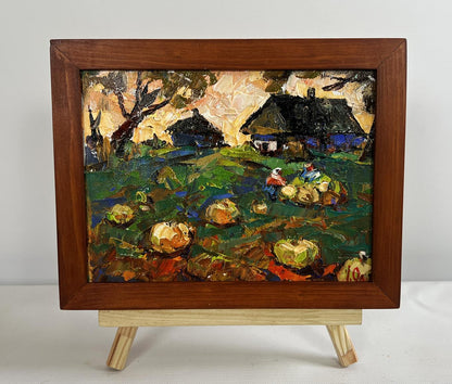 Oleksiy Ivanyuk oil painting of autumn pumpkin harvest in rustic garden