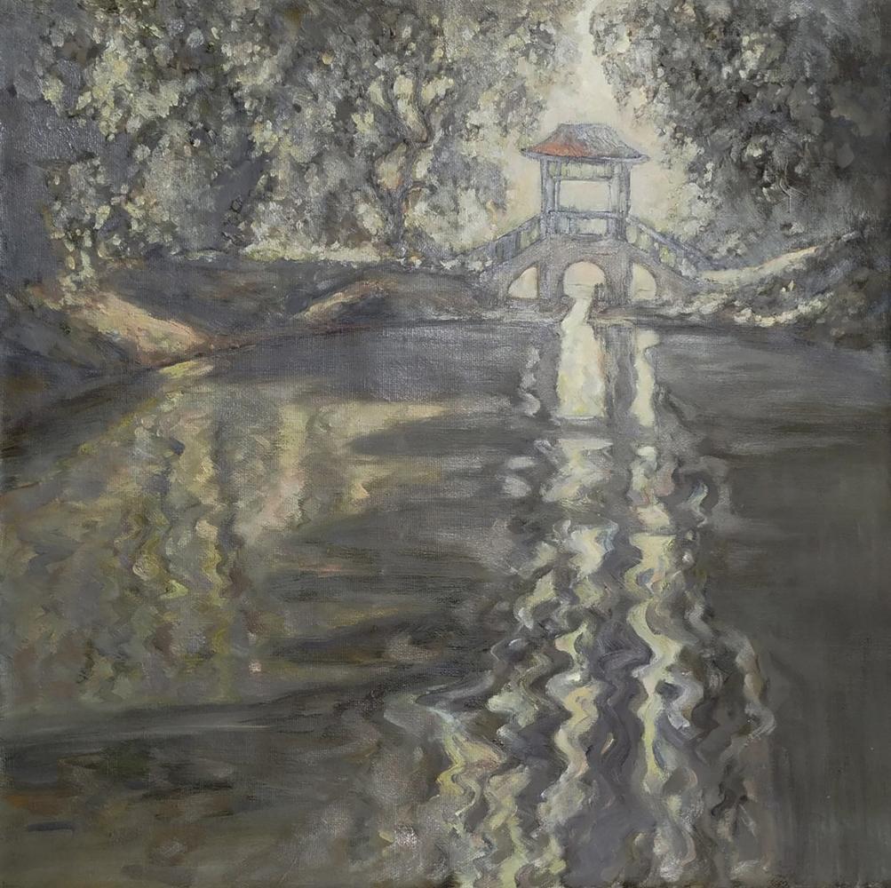 Serene oil painting of Chinese bridge by Leonid Pavlenko