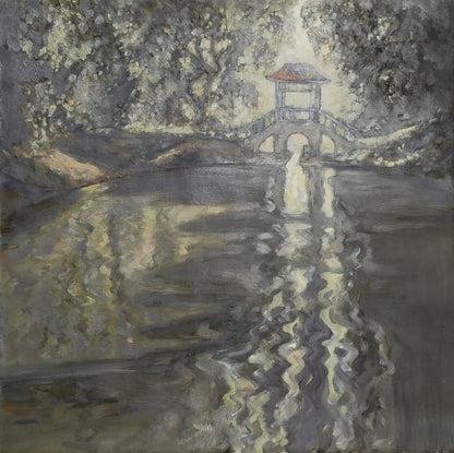 Serene oil painting of Chinese bridge by Leonid Pavlenko