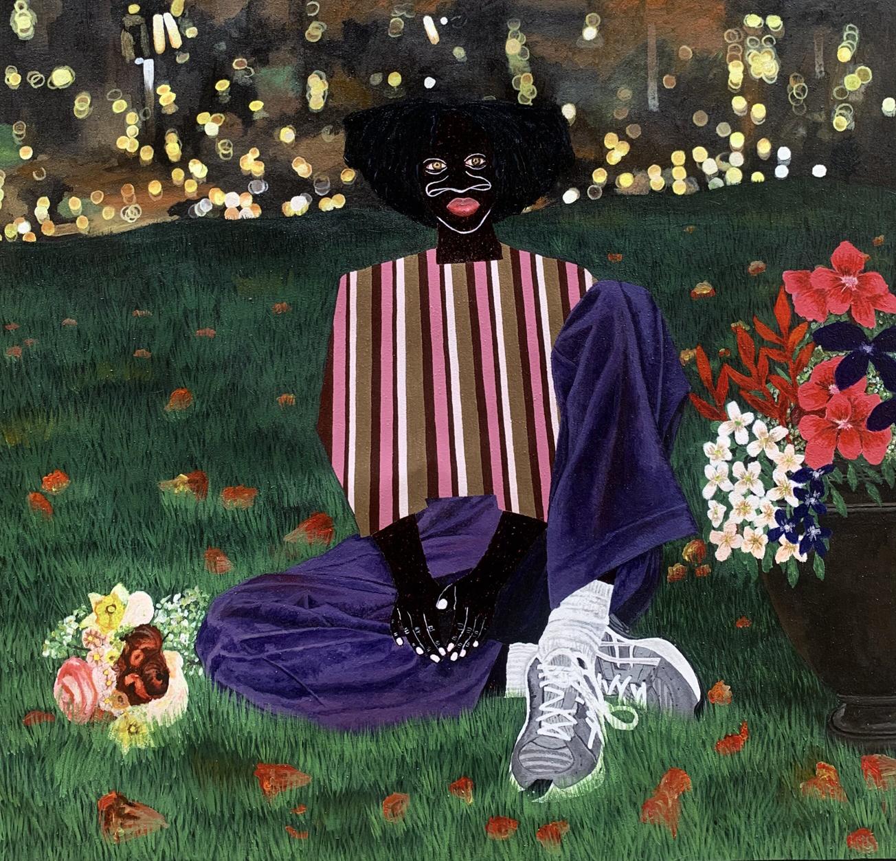 Acrylic painting Held by the night by Akintomide Akinshola, person with black afro on grass