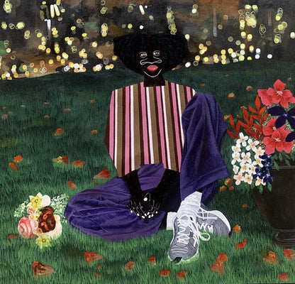 Acrylic painting Held by the night by Akintomide Akinshola, person with black afro on grass