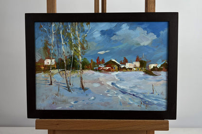 Framed oil painting Winter path leading home by Yuriy Suprunchuk with birch trees and snow