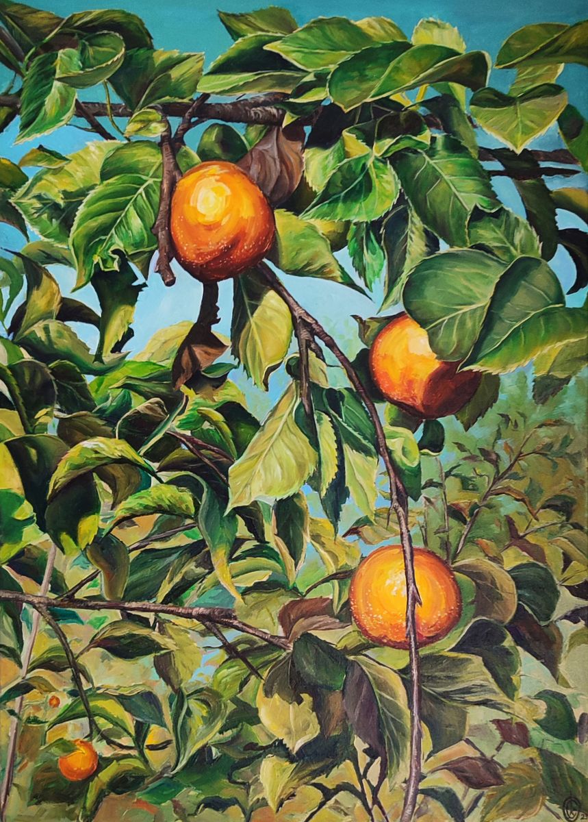 Oil painting of Japanese pear on tree by Oksana Sklym