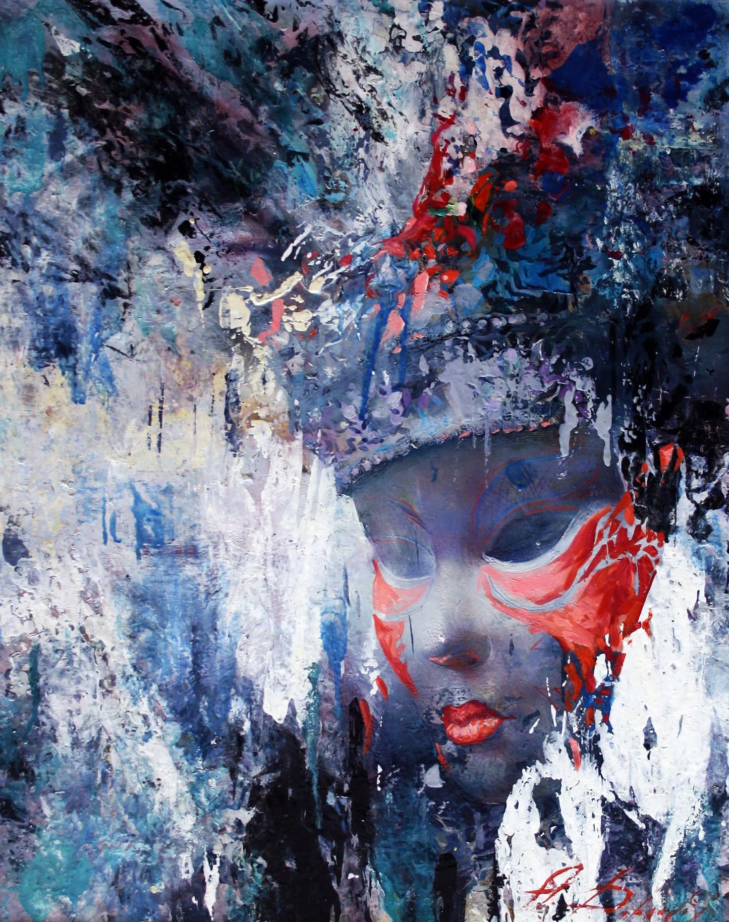 Oil painting Carnival by Alexander Dobrodiy: abstract face with red blue splatters