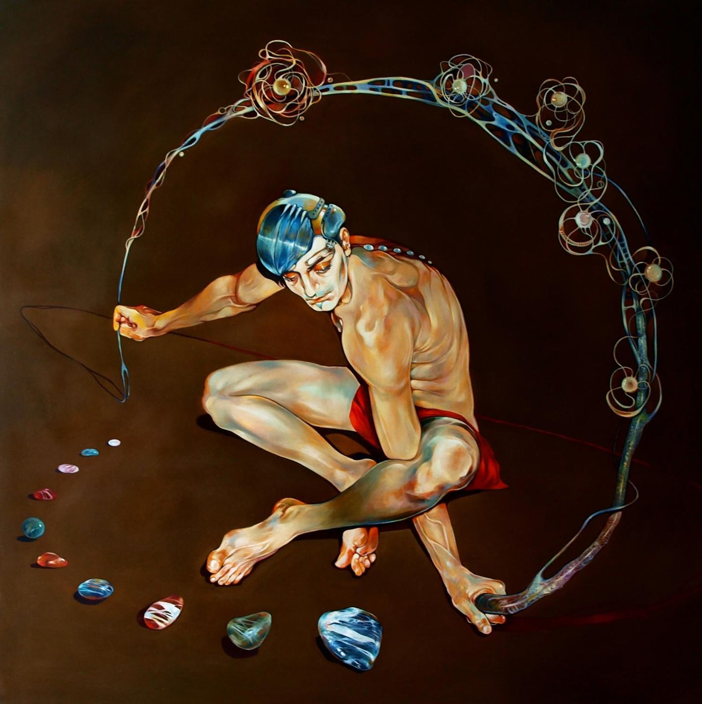 Oil painting of Markandeya Rishi by Konsta G. Amelinn: blue-haired figure crouching amid gemstones