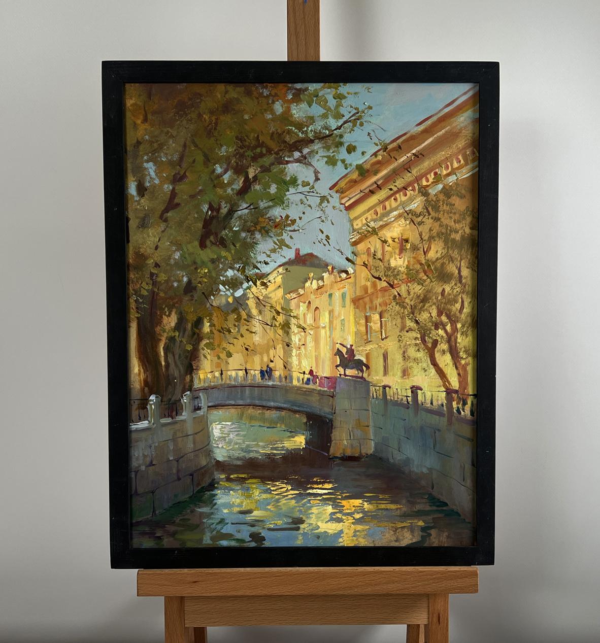 Framed oil painting of sunlit canal by Yuriy Suprunchuk