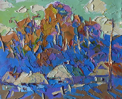 Vibrant impressionist oil painting of village in forest shadow by Oleksiy Ivanyuk
