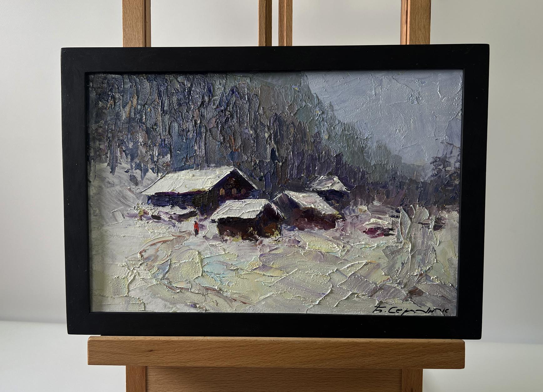 Oil painting Winter village by Boris Serdyuk in black frame