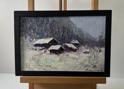 Oil painting Winter village by Boris Serdyuk in black frame