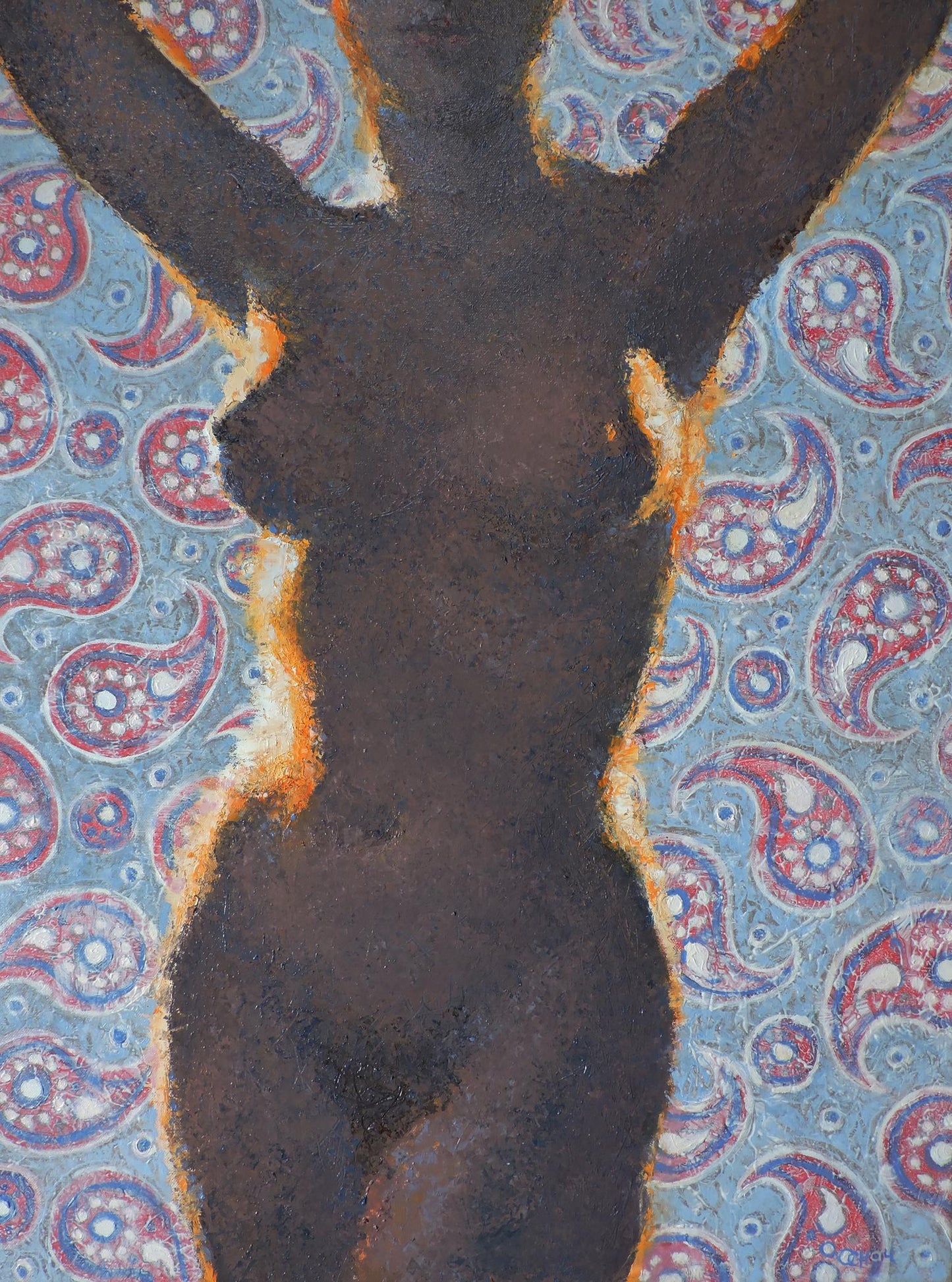 Stylized oil painting portrait of female figure Oksana Osnach on paisley background