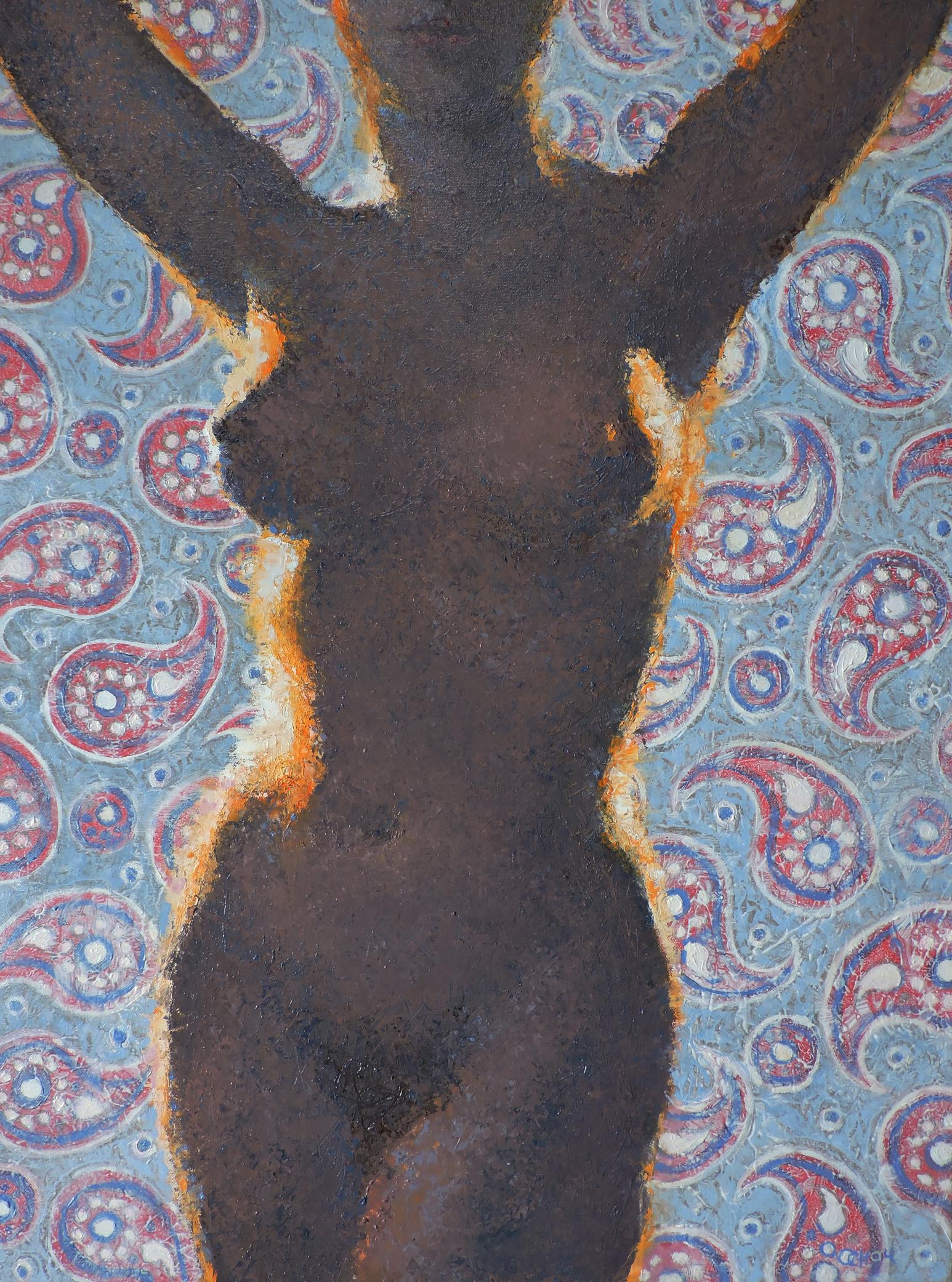Stylized oil painting portrait of female figure Oksana Osnach on paisley background