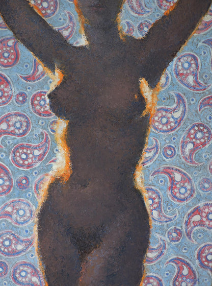 Stylized oil painting portrait of female figure Oksana Osnach on paisley background