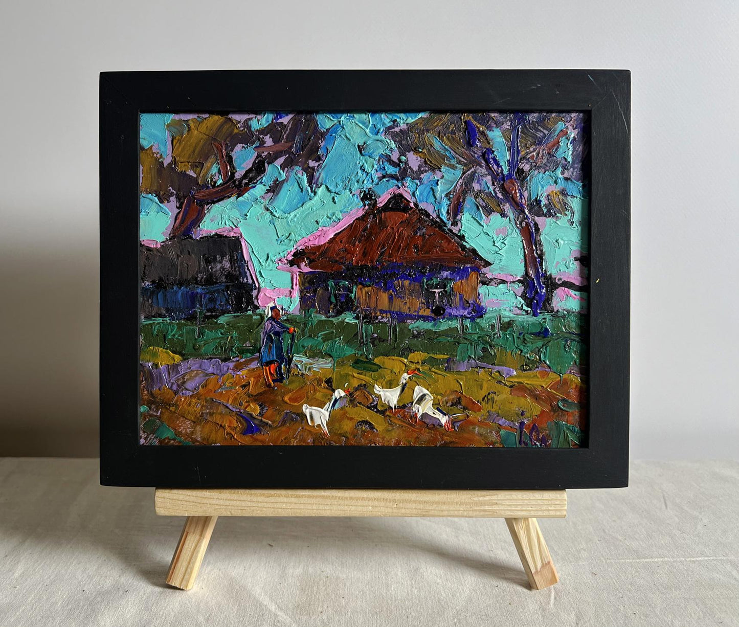 Oil painting of geese flock in evening by Oleksiy Ivanyuk, rustic village scene