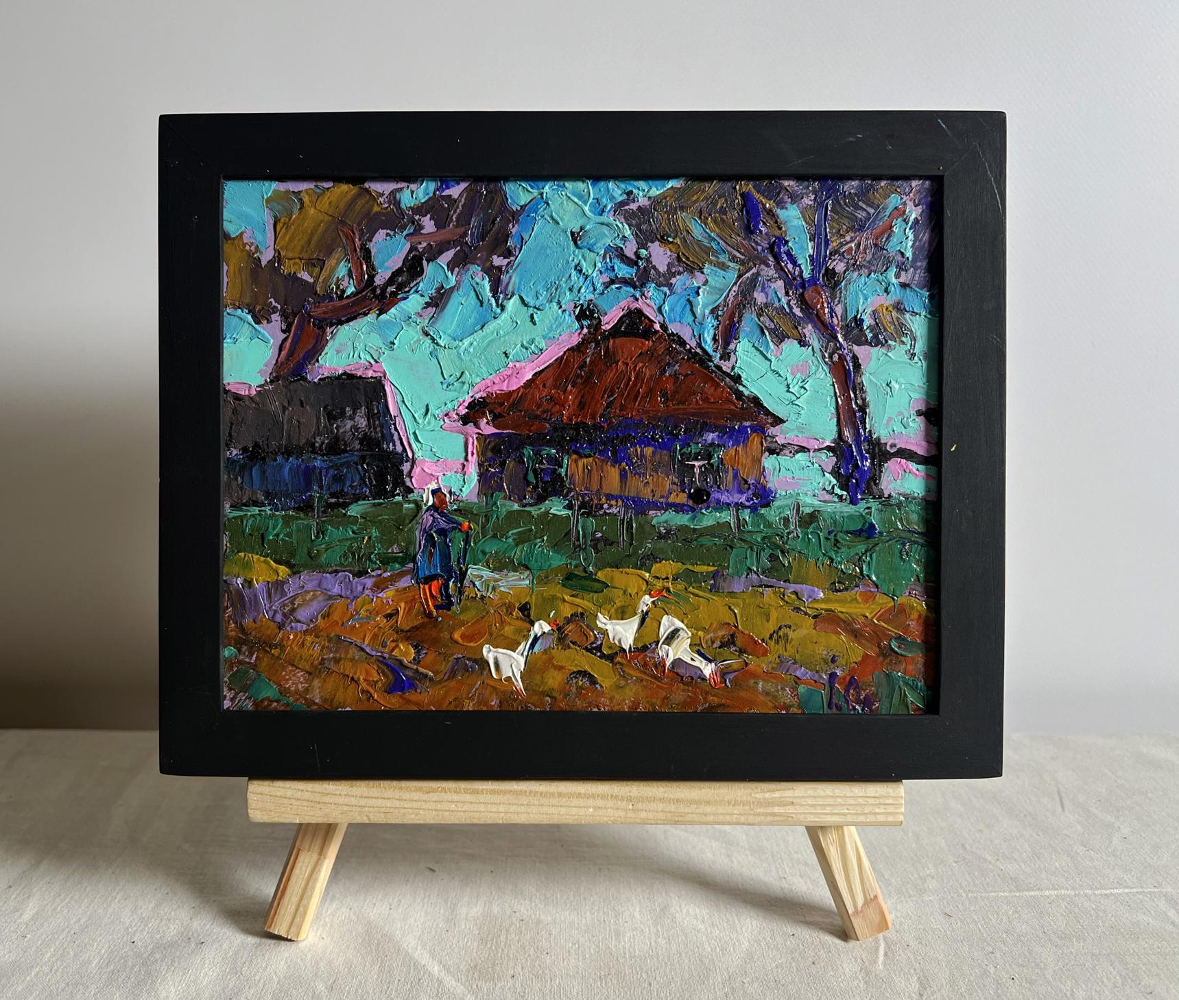 Oil painting of geese flock in evening by Oleksiy Ivanyuk, rustic village scene
