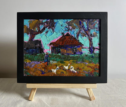 Oil painting of geese flock in evening by Oleksiy Ivanyuk, rustic village scene