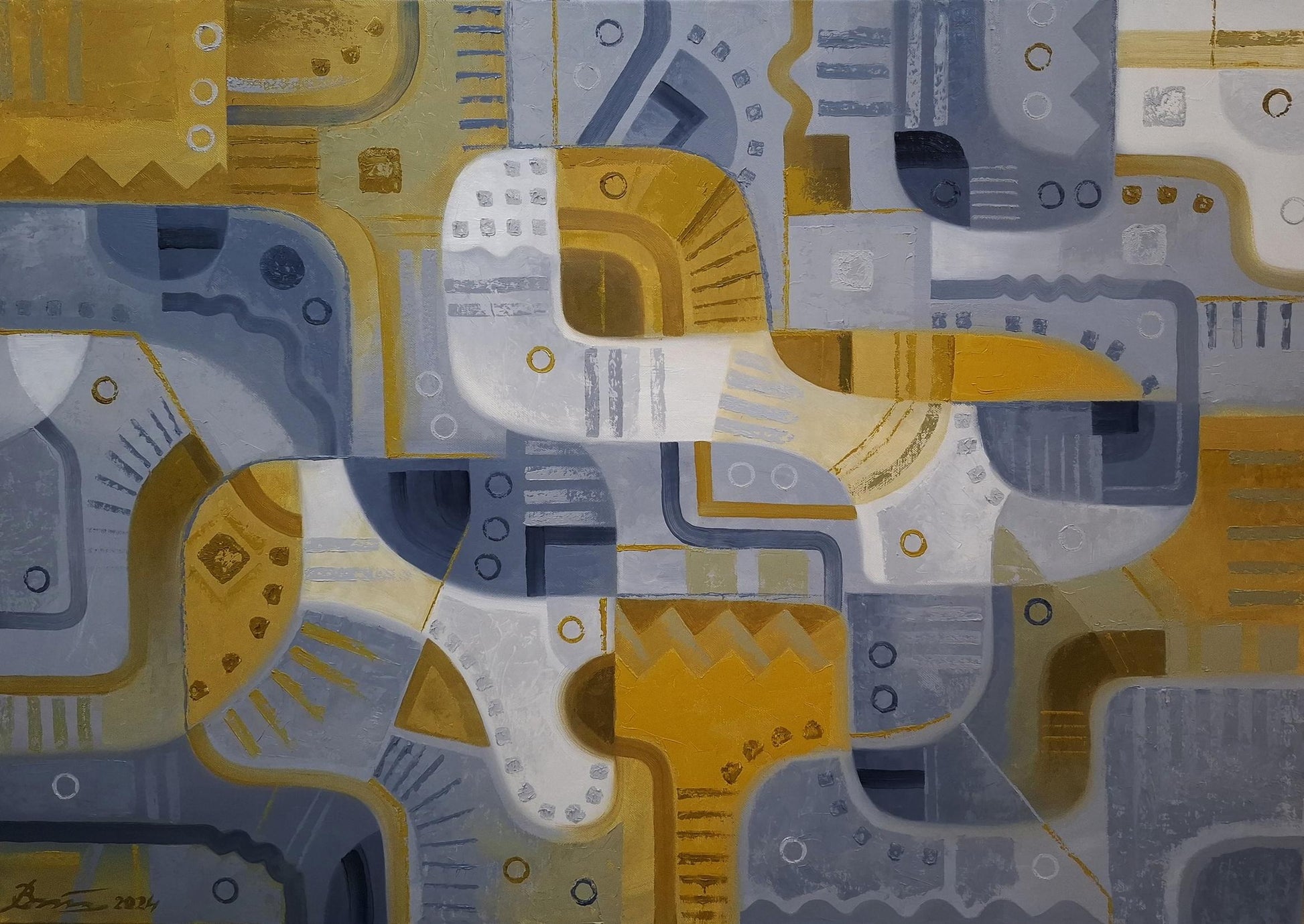 Oil painting End of November by Sergiy Voichenko, geometric yellow gray white abstract