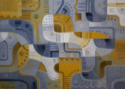 Oil painting End of November by Sergiy Voichenko, geometric yellow gray white abstract