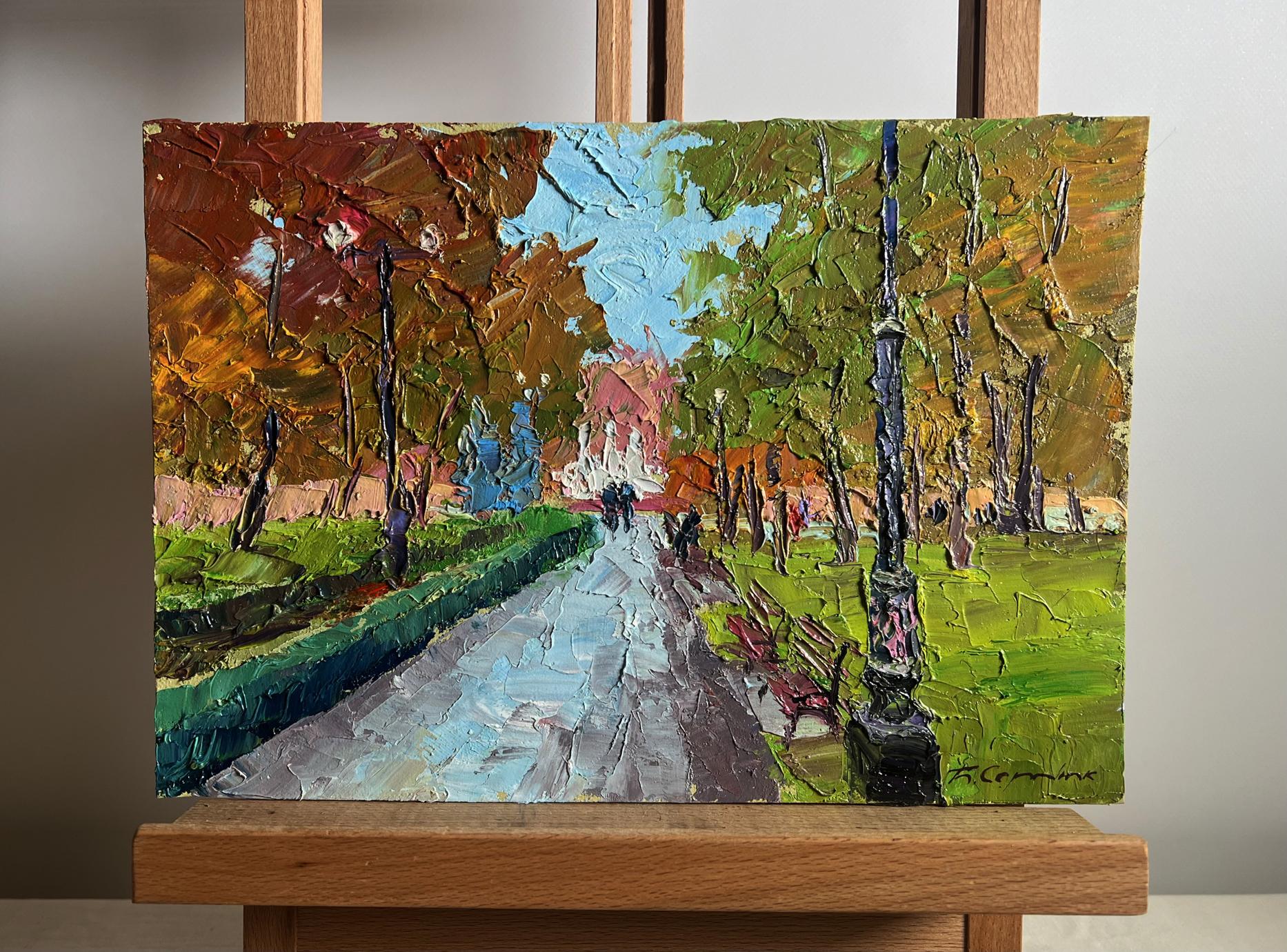 Oil painting of autumn tree-lined path in City National Park by Boris Serdyuk