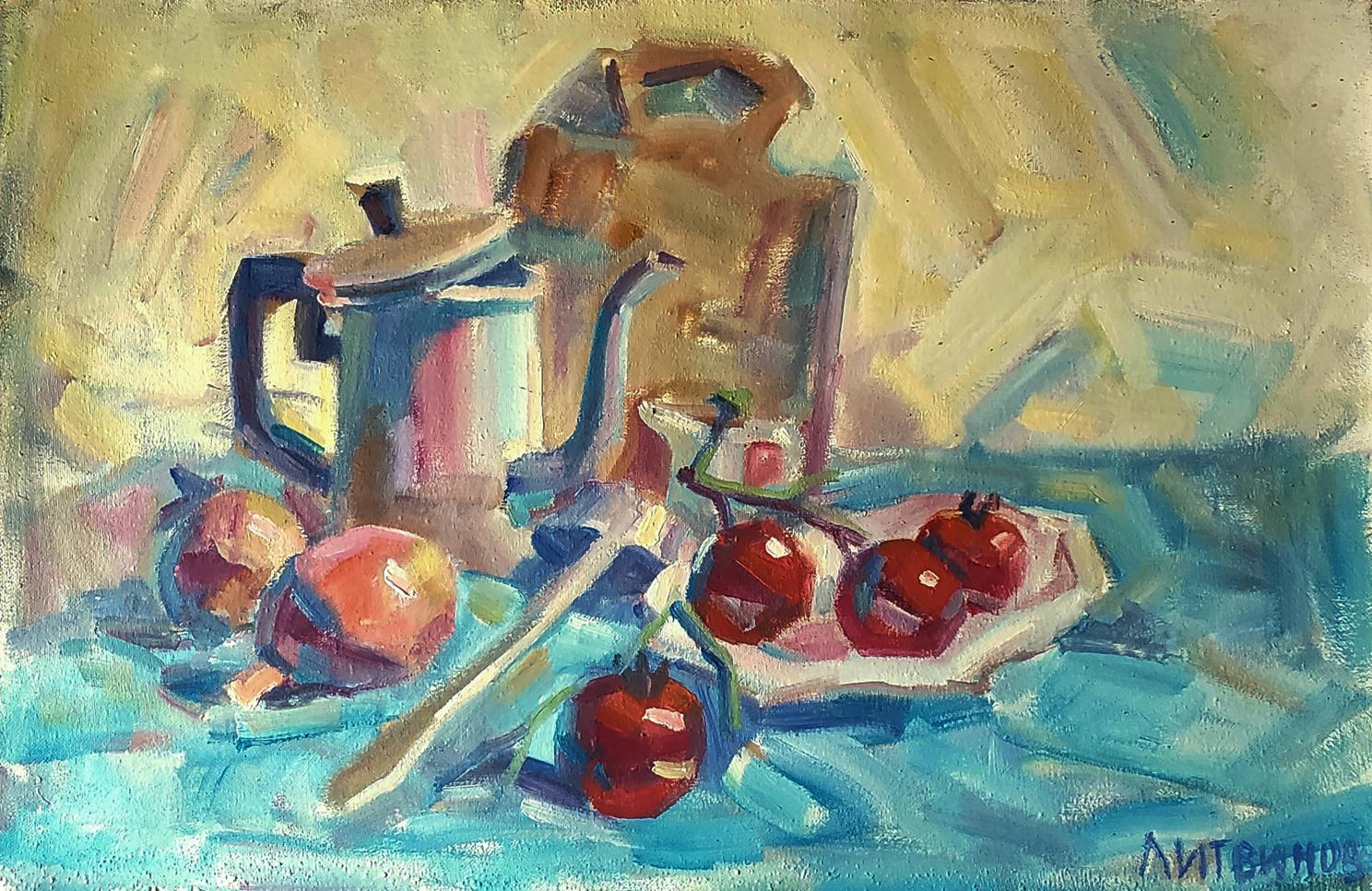 Oil painting by Daniil Litvinov: reflective coffee pot with tomatoes and pomegranates