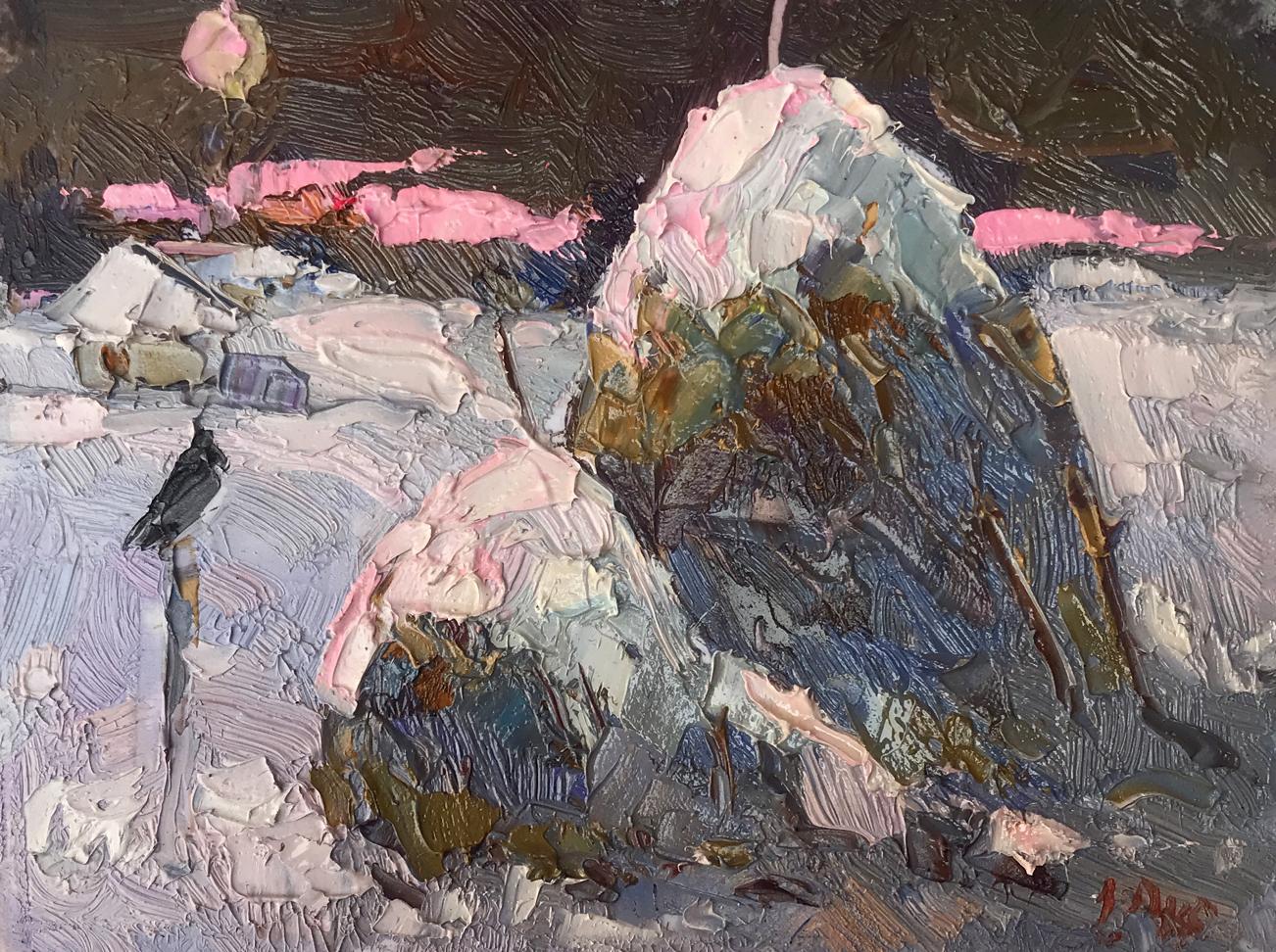 Moonlit frosty night snow landscape oil painting by Oksana Ivanyuk