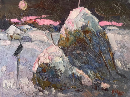 Moonlit frosty night snow landscape oil painting by Oksana Ivanyuk