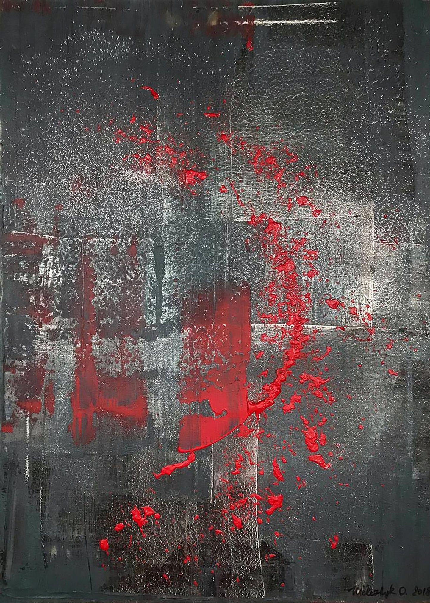 Abstract Night Melody acrylic painting by Olga Melezhik, bold red splatters on textured dark gray