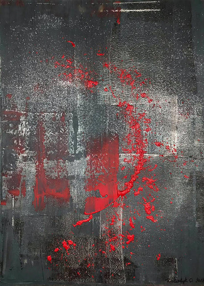 Abstract Night Melody acrylic painting by Olga Melezhik, bold red splatters on textured dark gray