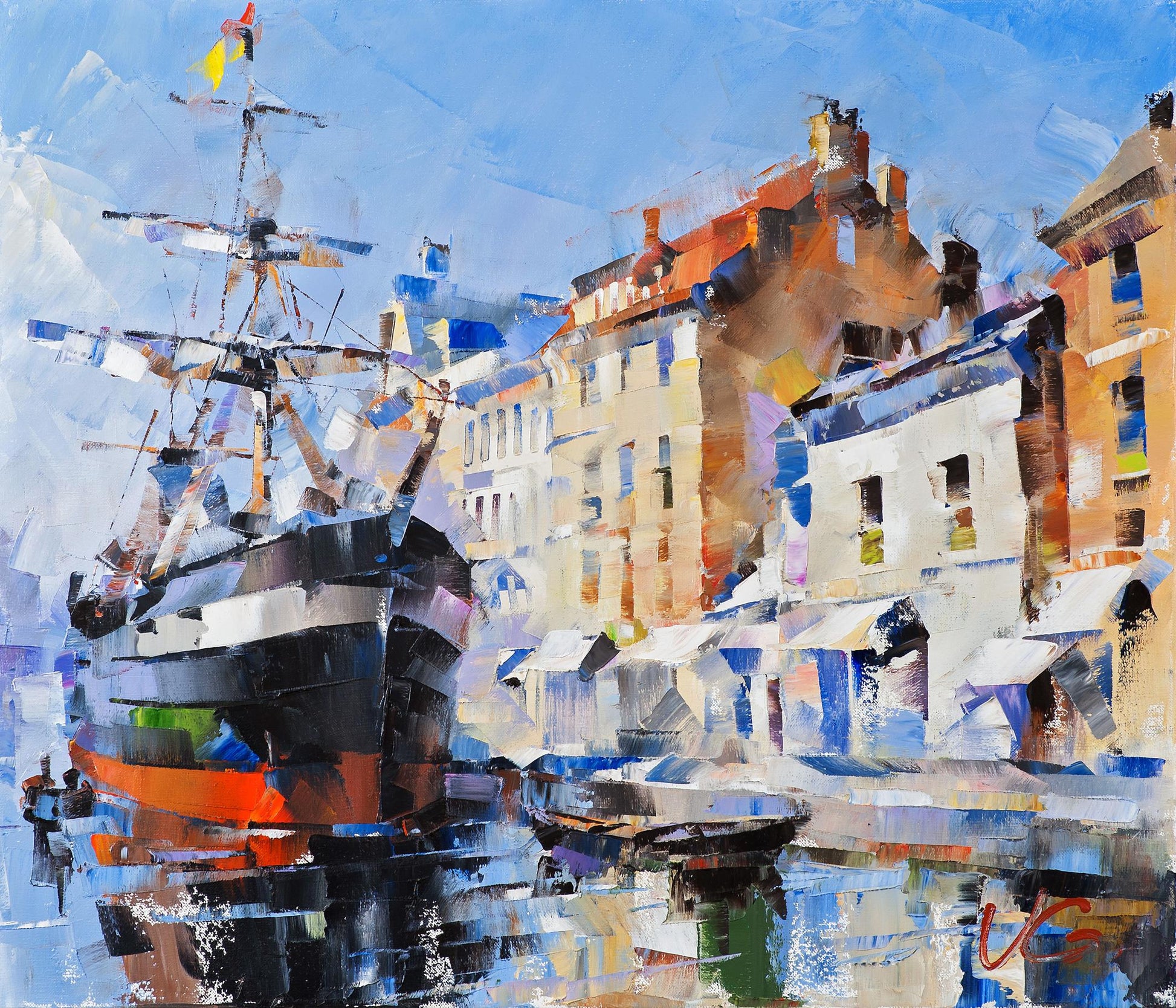 Oil painting Ship in the Channel of Tranquility by Volodymyr Gluhomanyuk