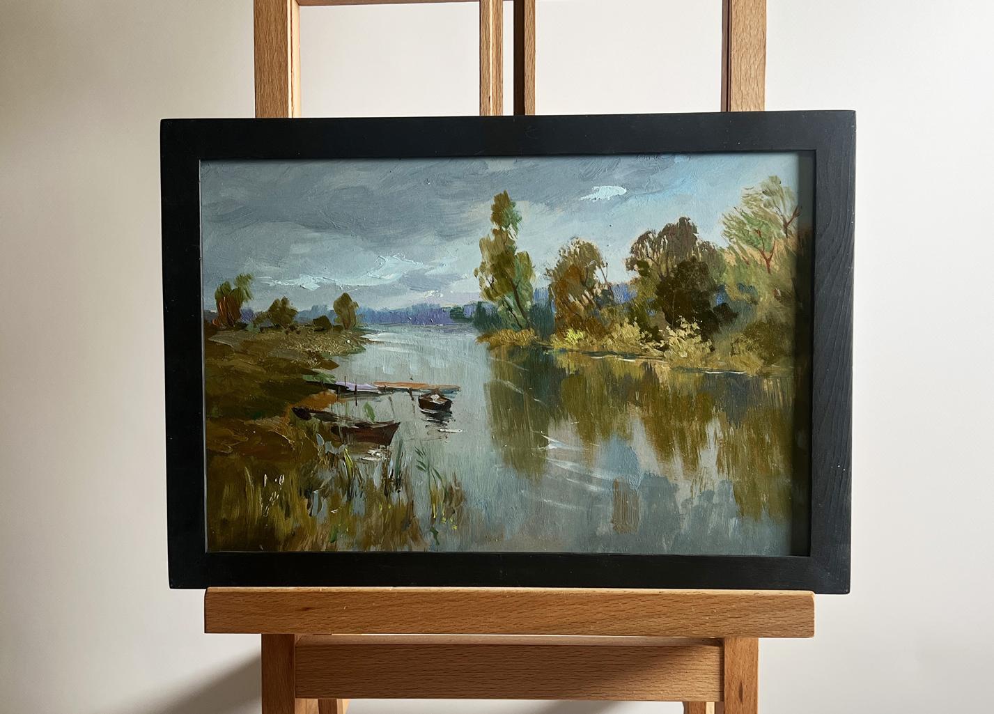 Oil painting Ferry on a long river by Yuriy Suprunchuk in black frame