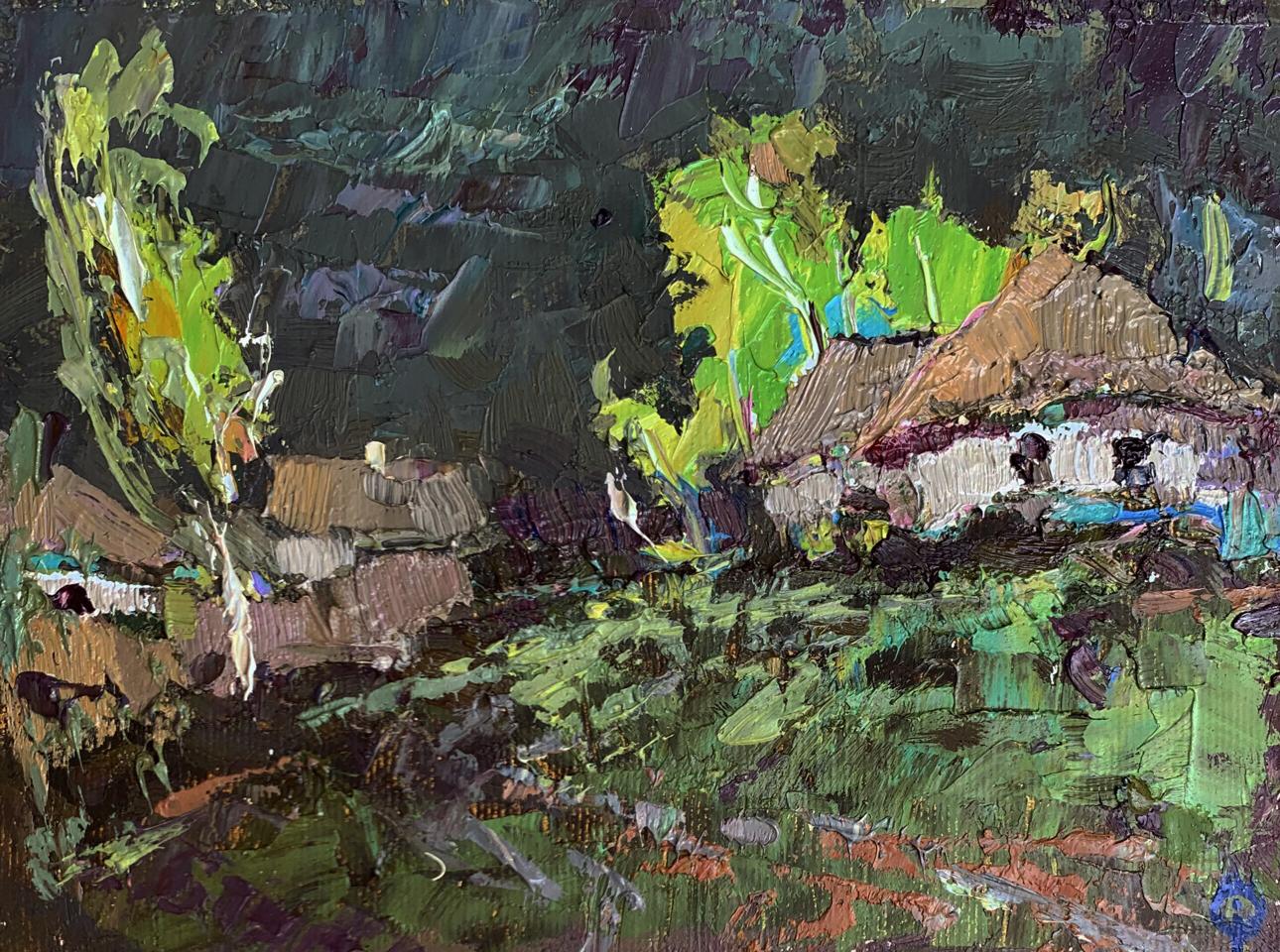 Oil painting Before the Storm by Oksana Ivanyuk: textured impressionist rustic village scene