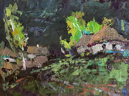 Oil painting Before the Storm by Oksana Ivanyuk: textured impressionist rustic village scene
