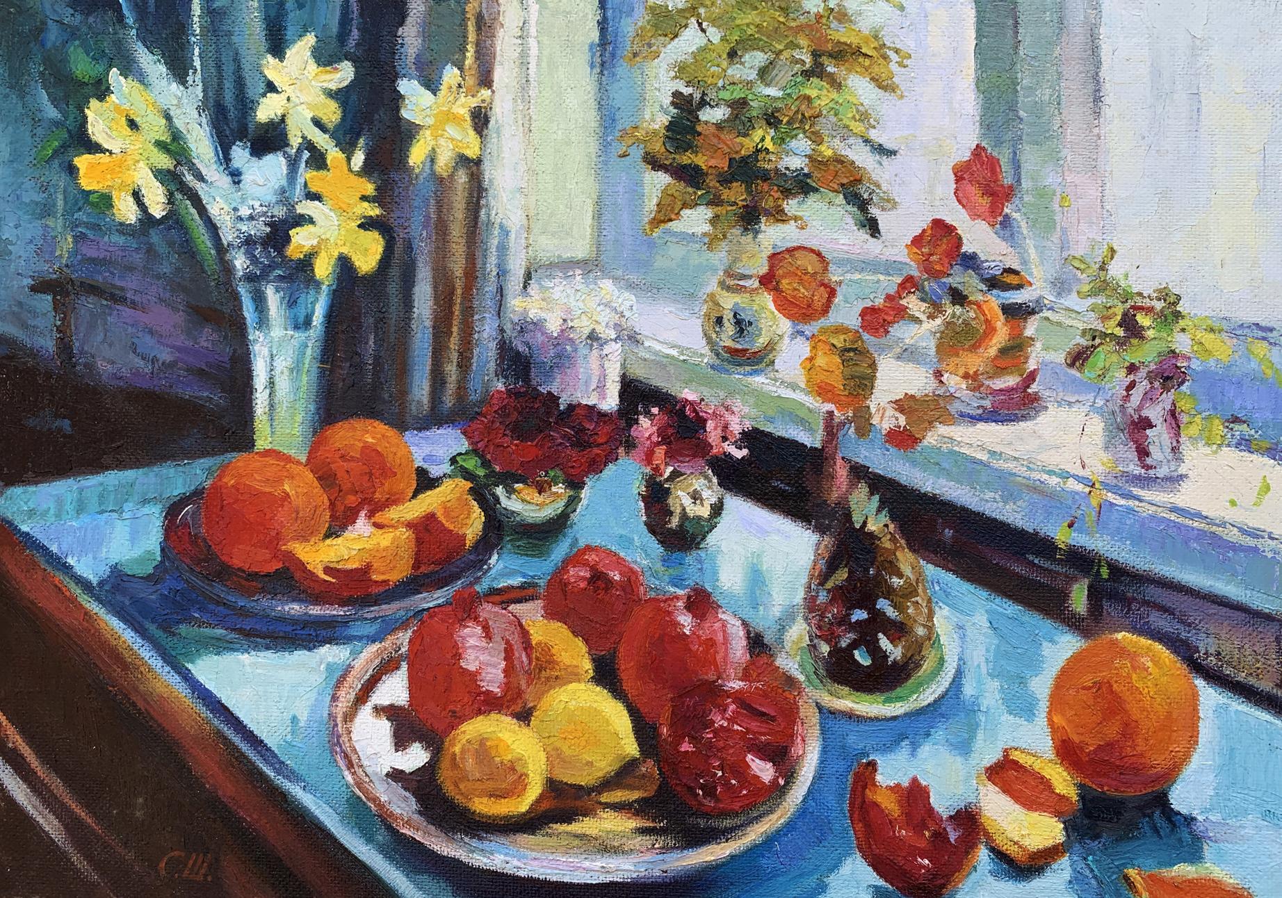 Oil painting The fruit table is set by Boris Serdyuk with pomegranates lemons oranges flowers