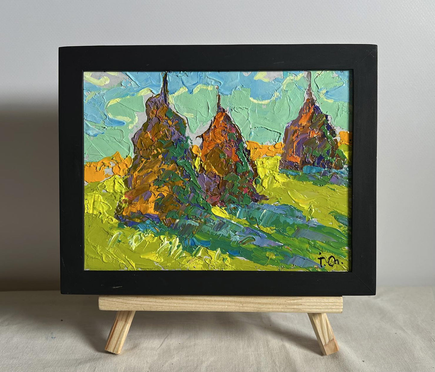 Oil painting Fragrant hay in the field by Oleksiy Ivanyuk, three pine trees